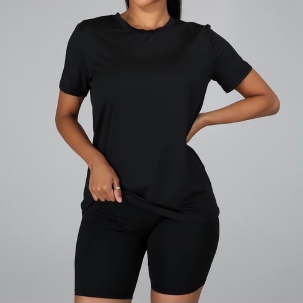 NEW TRENDY DAISY Black Two Piece Short Sleeve High Waisted Biker Short Set